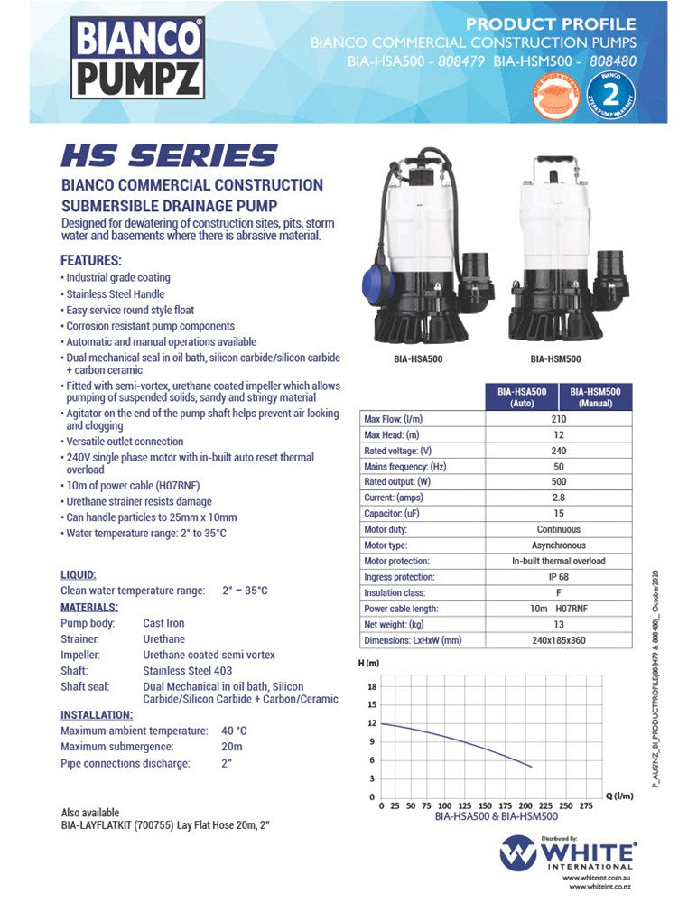 BIAHSA500 HS Series Submersible Commercial Construction Auto Pump w